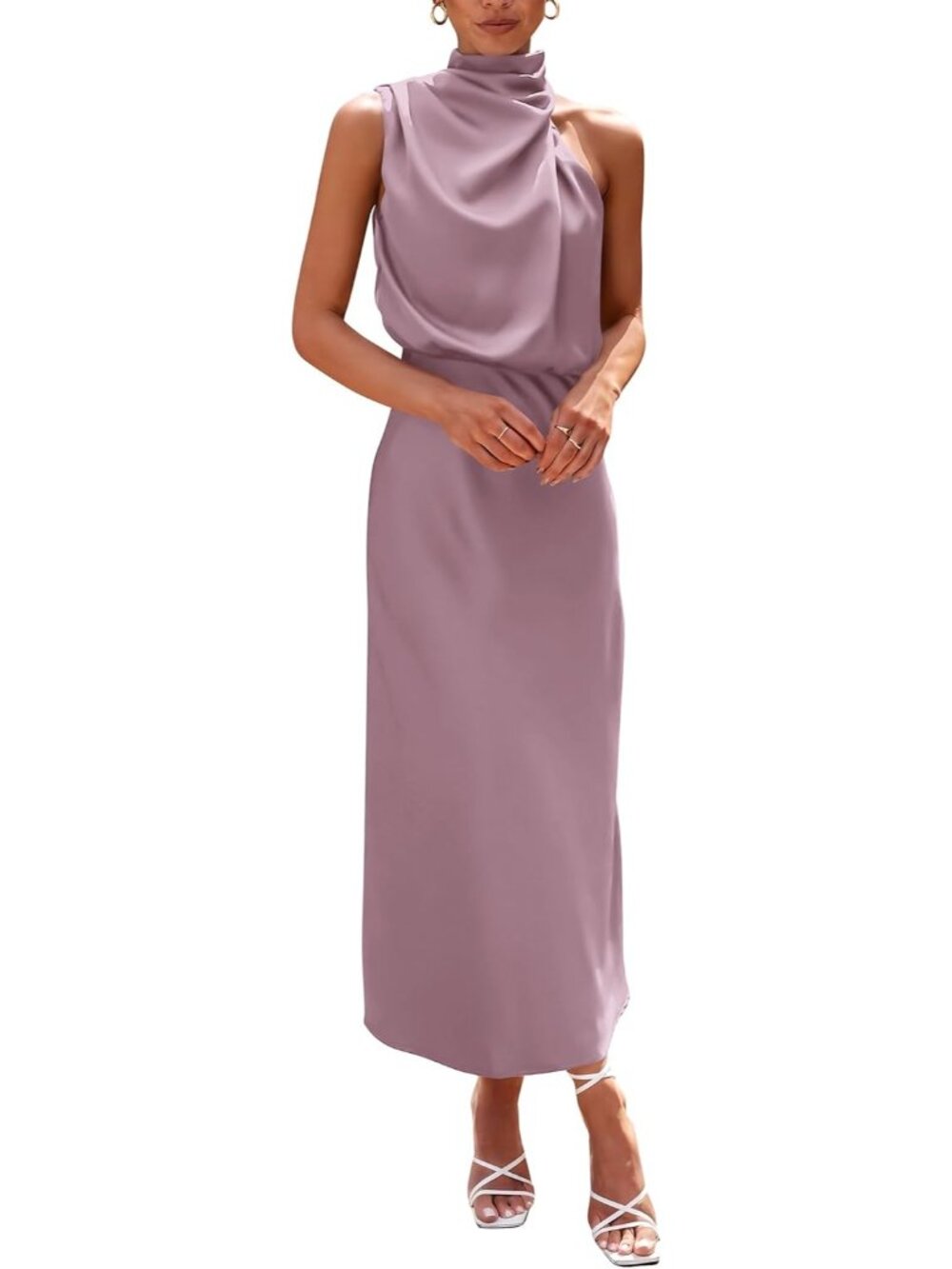 〽️Women's Dusty Pink Satin Maxi Dress Sleeveless Wedding Guest Formal Style